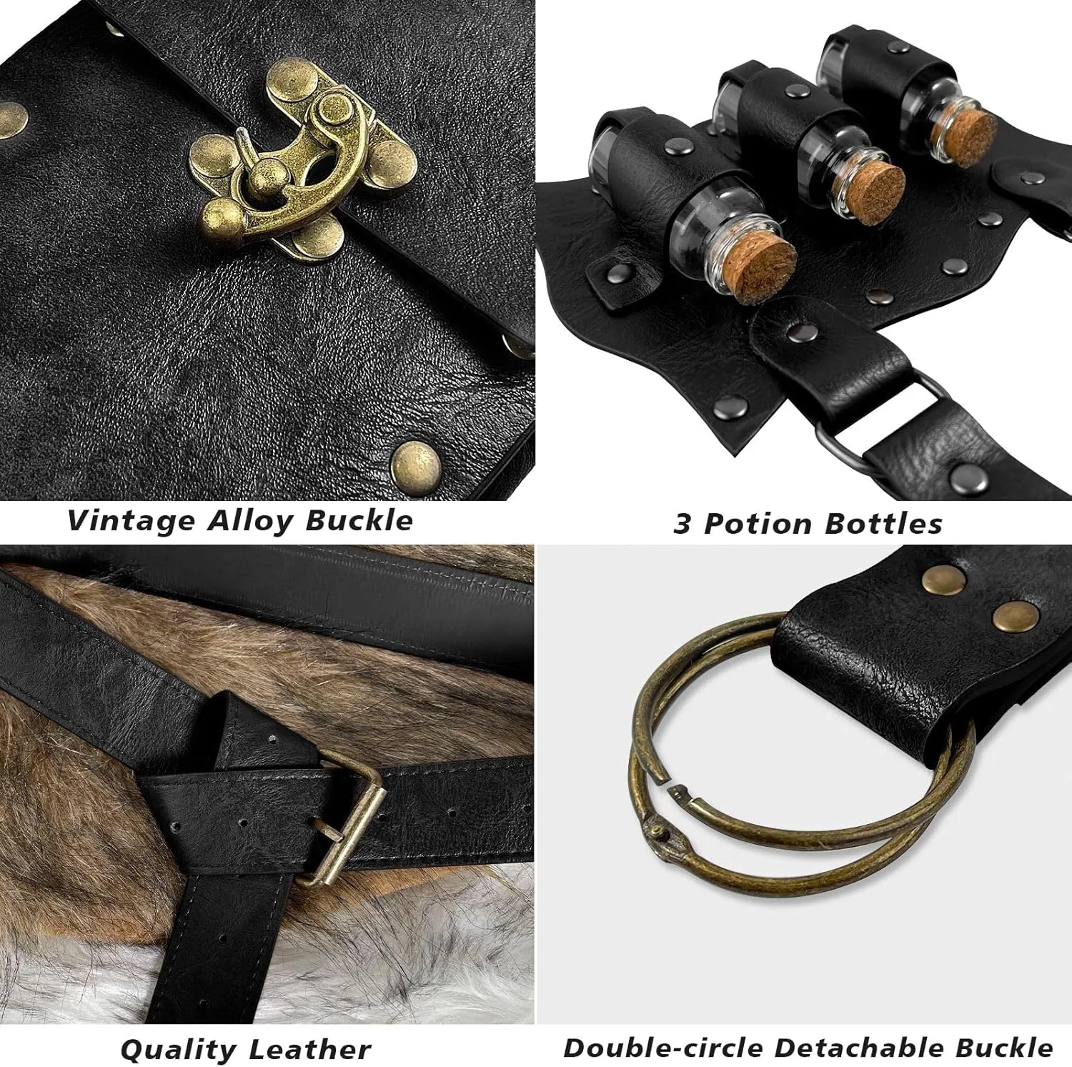 Alchemist Belt Pouch Potion Bottle Waist Bag Steampunk Phone Holder Medieval Leather Belt for Renaissance Cosplay Costume Accessories Christmas Gifts (3Bottles-Black)