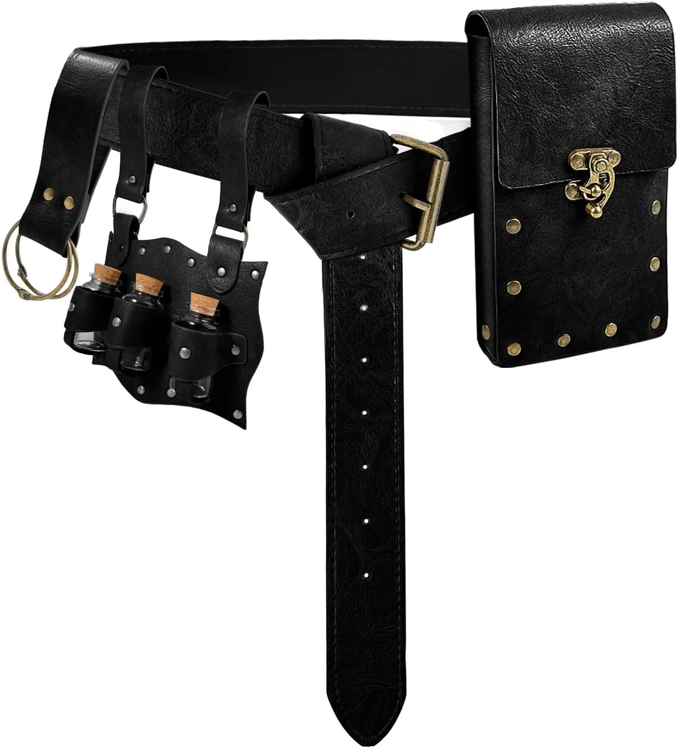 Alchemist Belt Pouch Potion Bottle Waist Bag Steampunk Phone Holder Medieval Leather Belt for Renaissance Cosplay Costume Accessories Christmas Gifts (3Bottles-Black)
