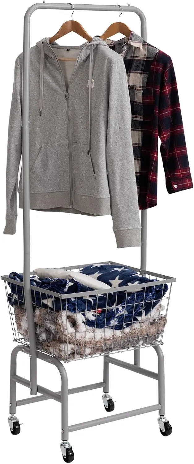 ALIMORDEN Laundry Cart with Clothes Rack, Rolling Laundry Butler with Wire Storage Rack，Grey