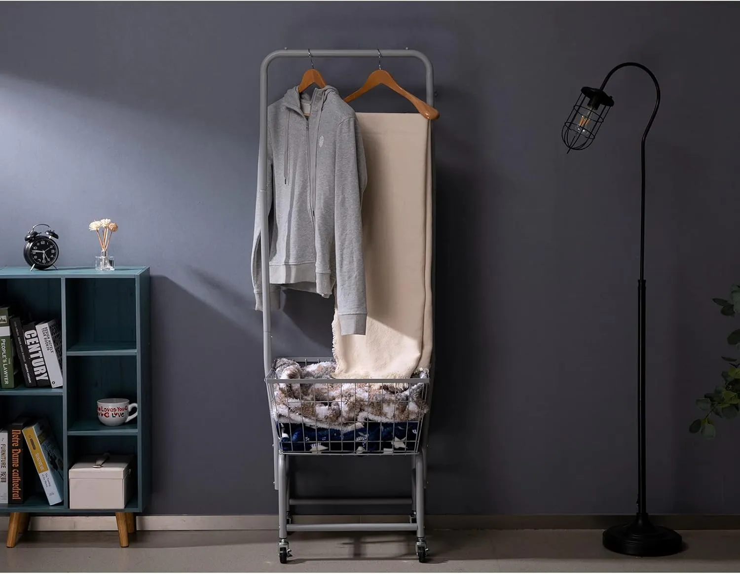 ALIMORDEN Laundry Cart with Clothes Rack, Rolling Laundry Butler with Wire Storage Rack，Grey
