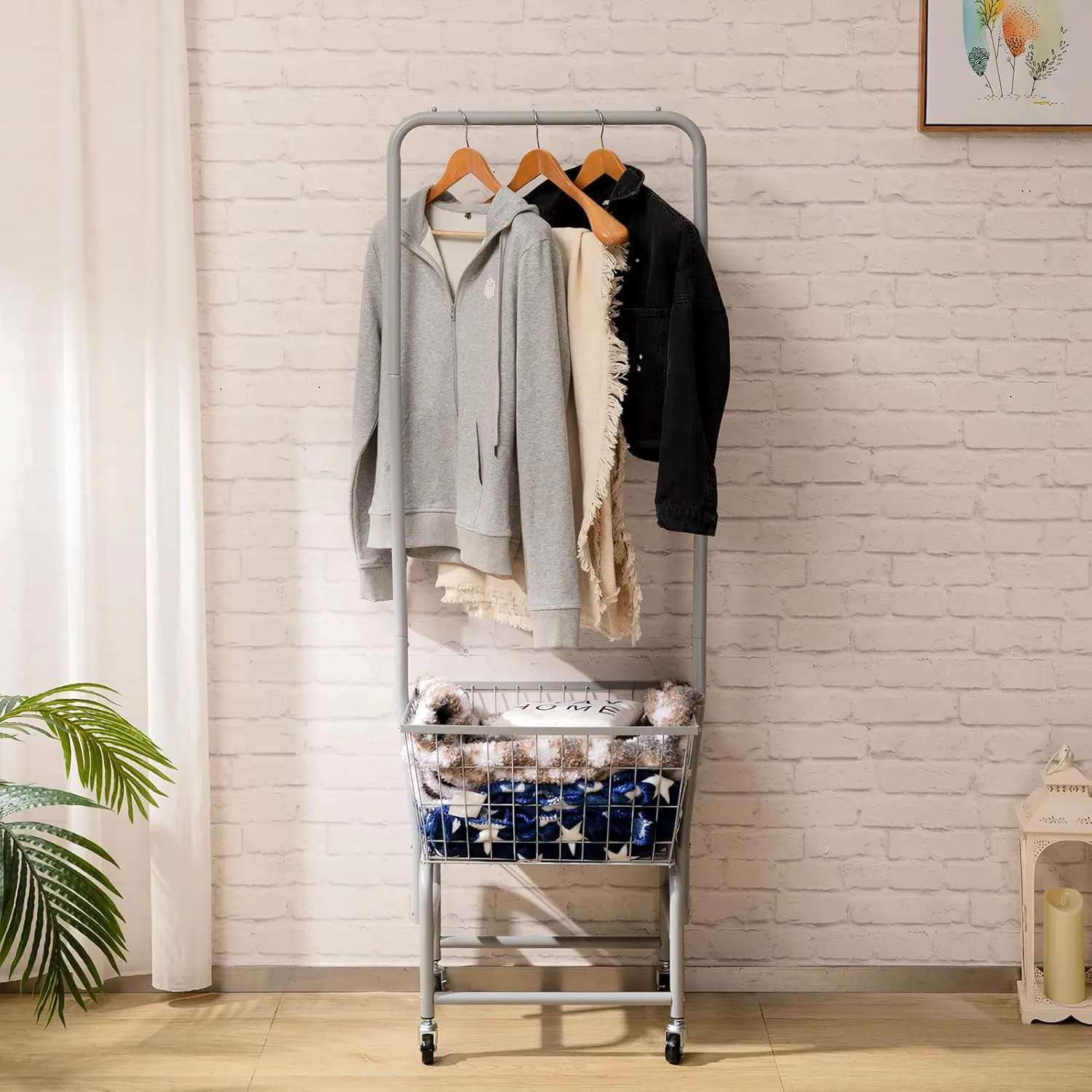 ALIMORDEN Laundry Cart with Clothes Rack, Rolling Laundry Butler with Wire Storage Rack，Grey