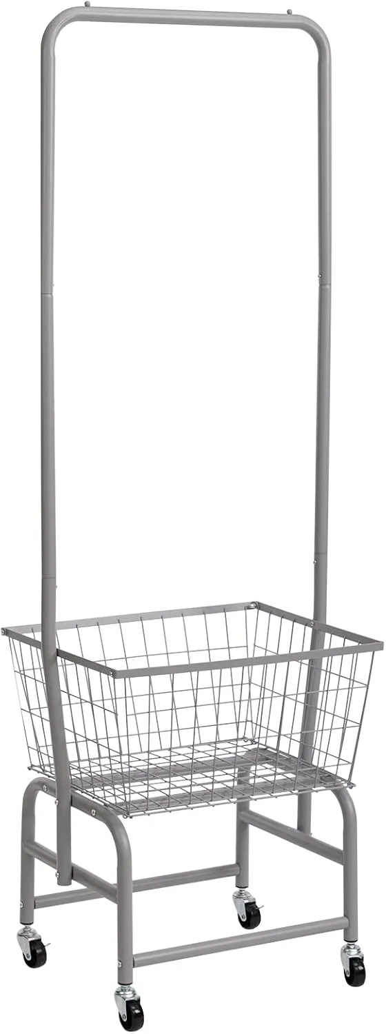 ALIMORDEN Laundry Cart with Clothes Rack, Rolling Laundry Butler with Wire Storage Rack，Grey