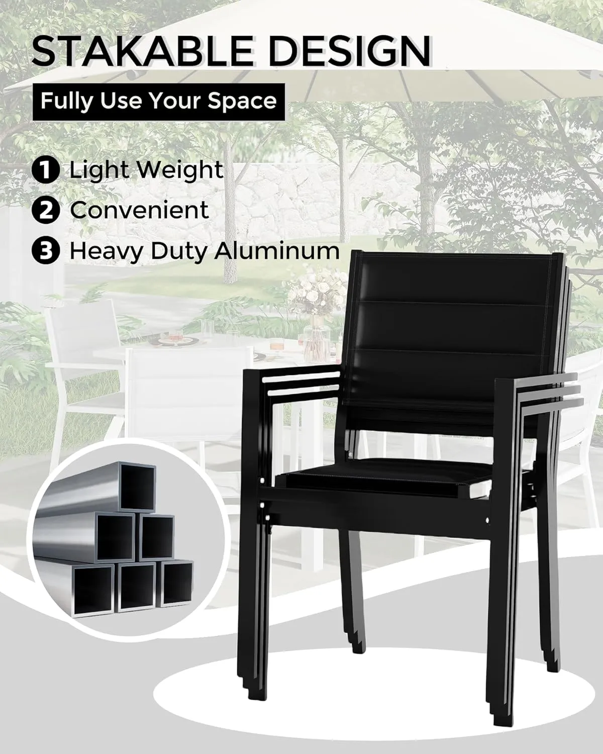 Aluminum Patio Stackable Dining Chairs Set of 4, Outdoor Stacking Chair with Textilene Fabric for Deck, Garden, Poolside, Black