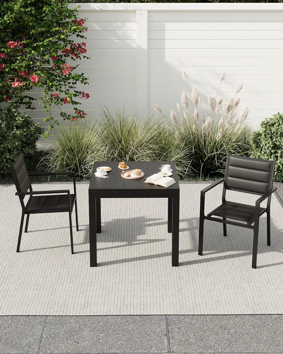 Aluminum Patio Stackable Dining Chairs Set of 4, Outdoor Stacking Chair with Textilene Fabric for Deck, Garden, Poolside, Black