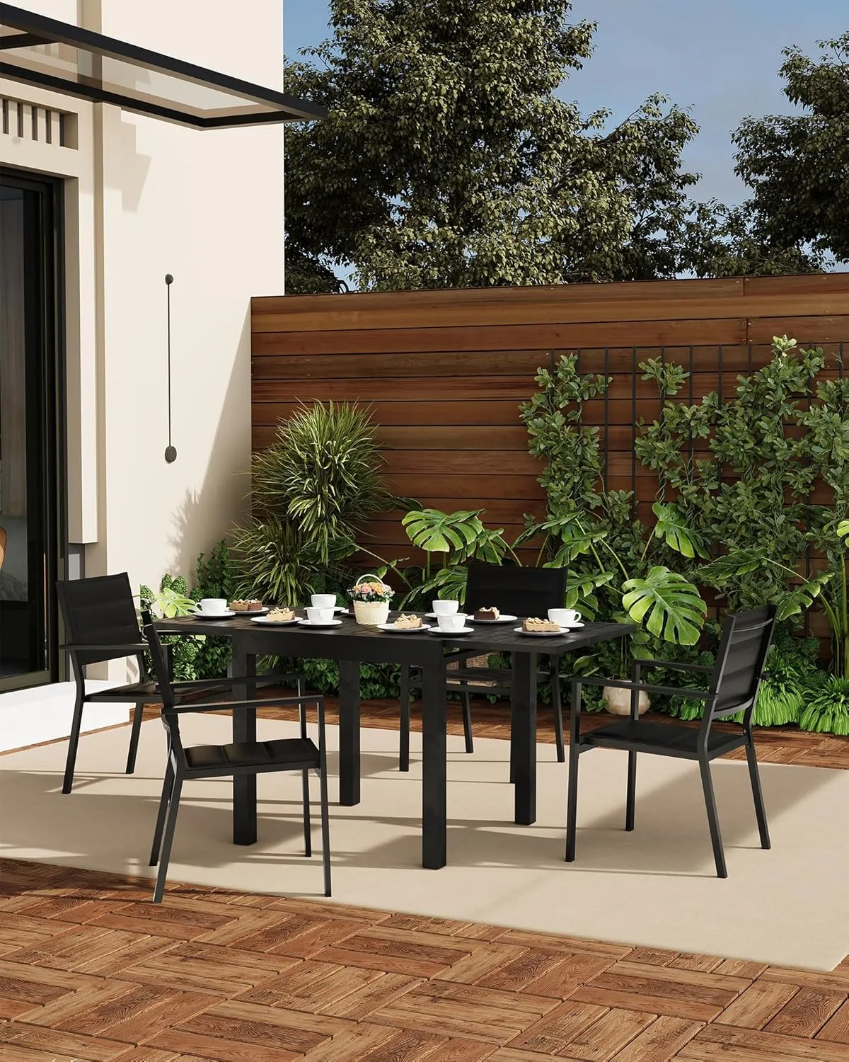 Aluminum Patio Stackable Dining Chairs Set of 4, Outdoor Stacking Chair with Textilene Fabric for Deck, Garden, Poolside, Black