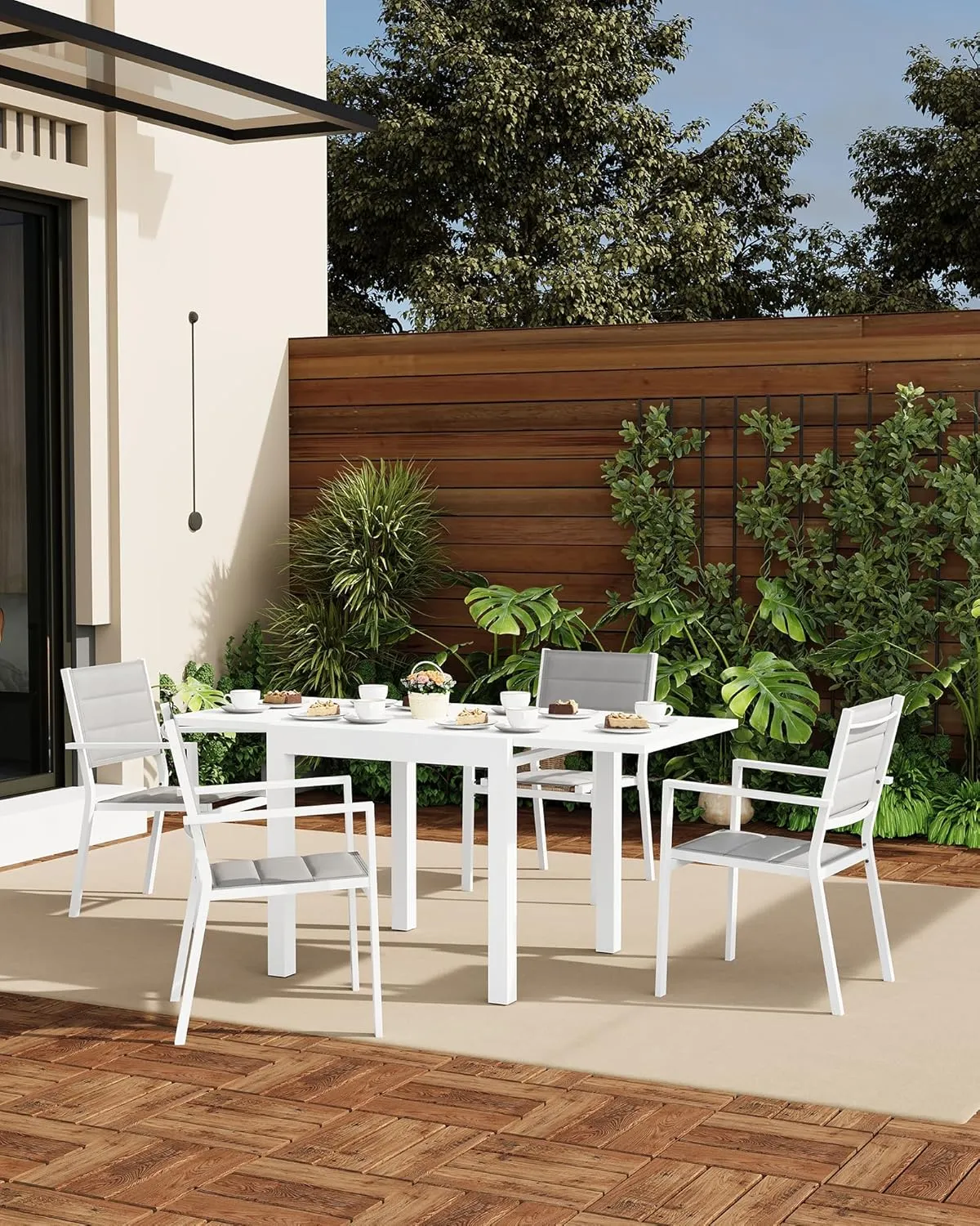Aluminum Stackable Patio Dining Chairs Set of 4, Stacking Outdoor Dining Chairs for All Weather with Textilene Farbic for Outdoor,Patio,Deck,Backyard, White & Grey