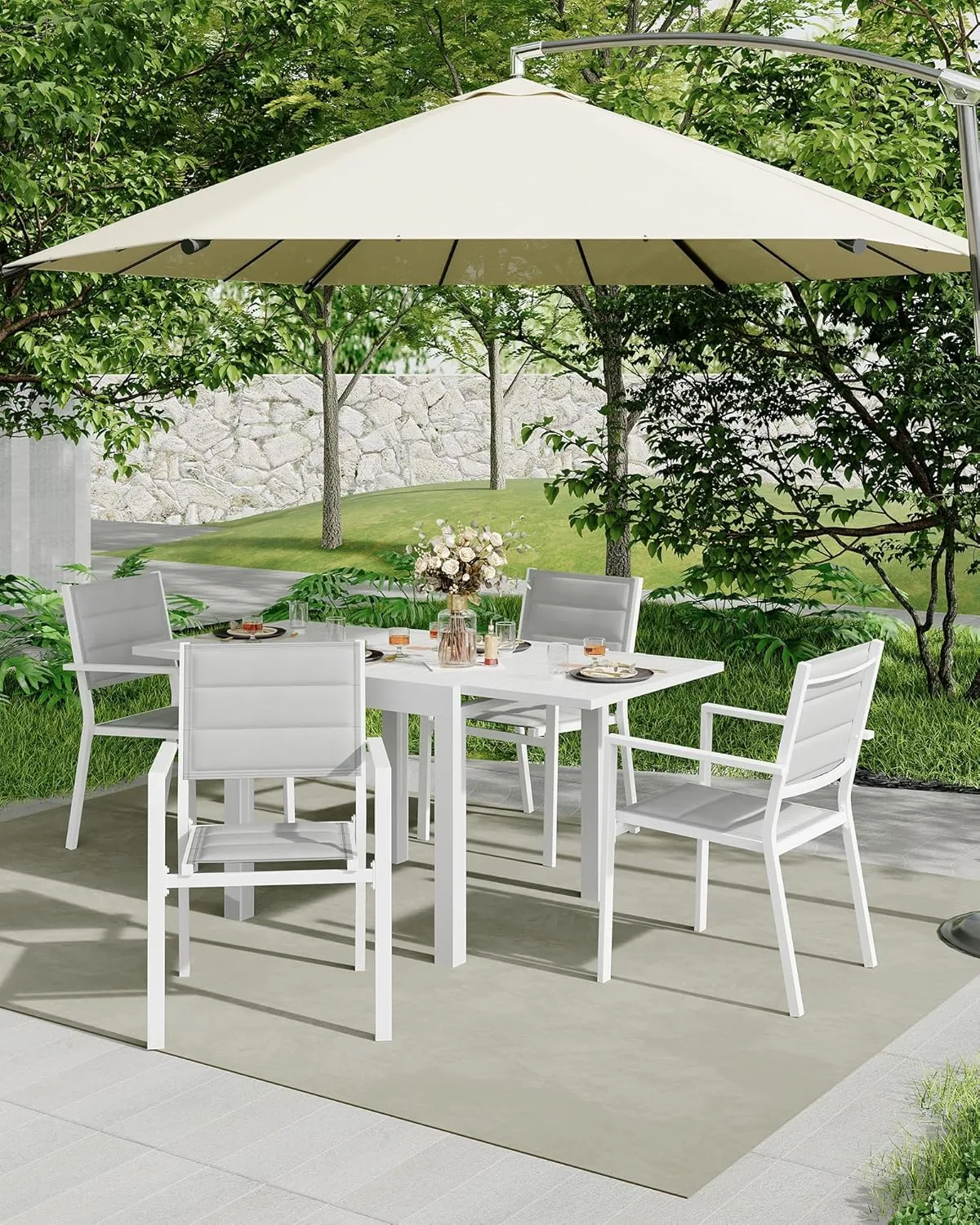 Aluminum Stackable Patio Dining Chairs Set of 4, Stacking Outdoor Dining Chairs for All Weather with Textilene Farbic for Outdoor,Patio,Deck,Backyard, White & Grey