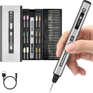 AM ARROWMAX Mini Electric Engraving Pen, HollowCup Motor, 42 Bits with Aluminum Case, OLED, Magnetic Charge, Mini Cordless Rotary Tool, Engraving Pen for Bead, Metal, Wood, Glass and Plastic (SGS)
