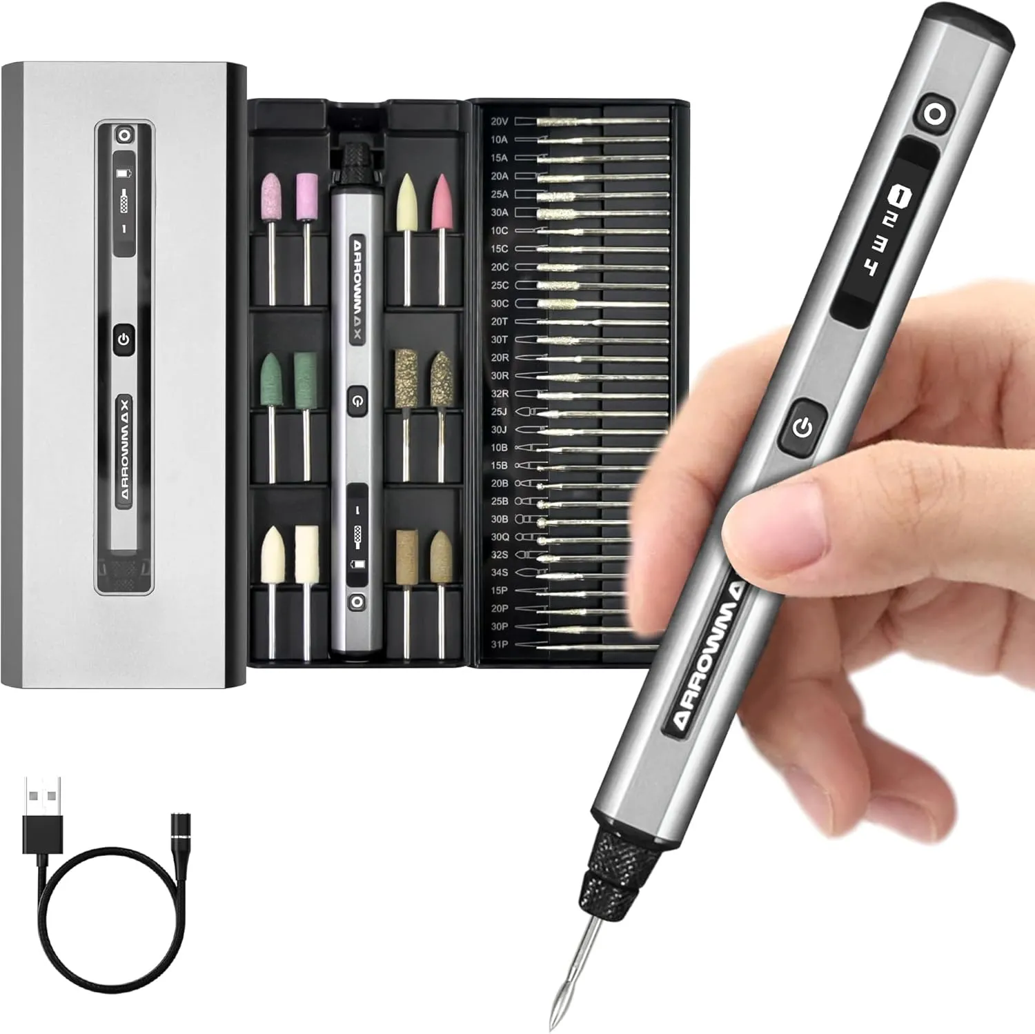 AM ARROWMAX Mini Electric Engraving Pen, HollowCup Motor, 42 Bits with Aluminum Case, OLED, Magnetic Charge, Mini Cordless Rotary Tool, Engraving Pen for Bead, Metal, Wood, Glass and Plastic (SGS)