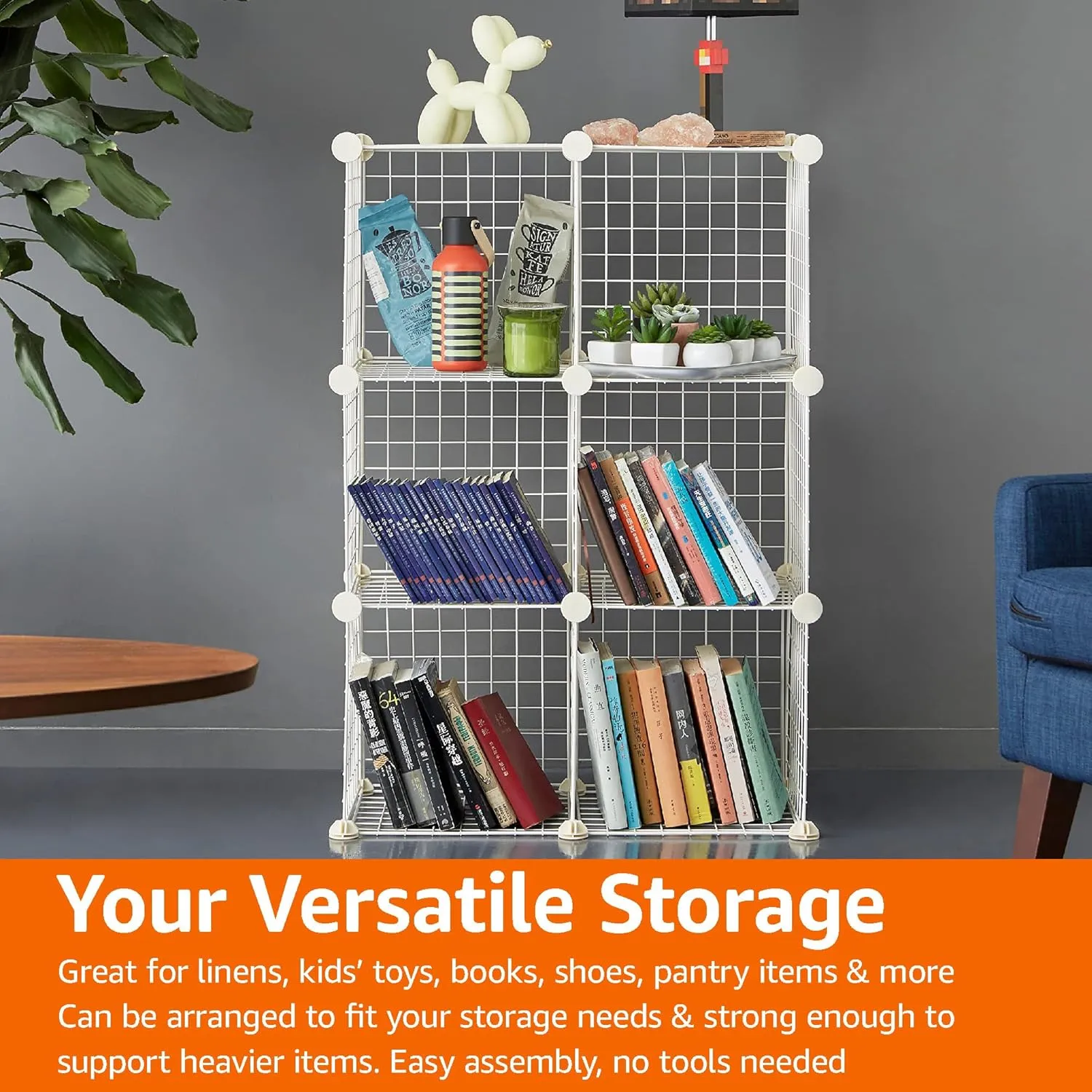 Amazon Basics 6 Cube Wire Grid Stackable Storage Shelves, 12.6 x 26 x 38 inches, White
