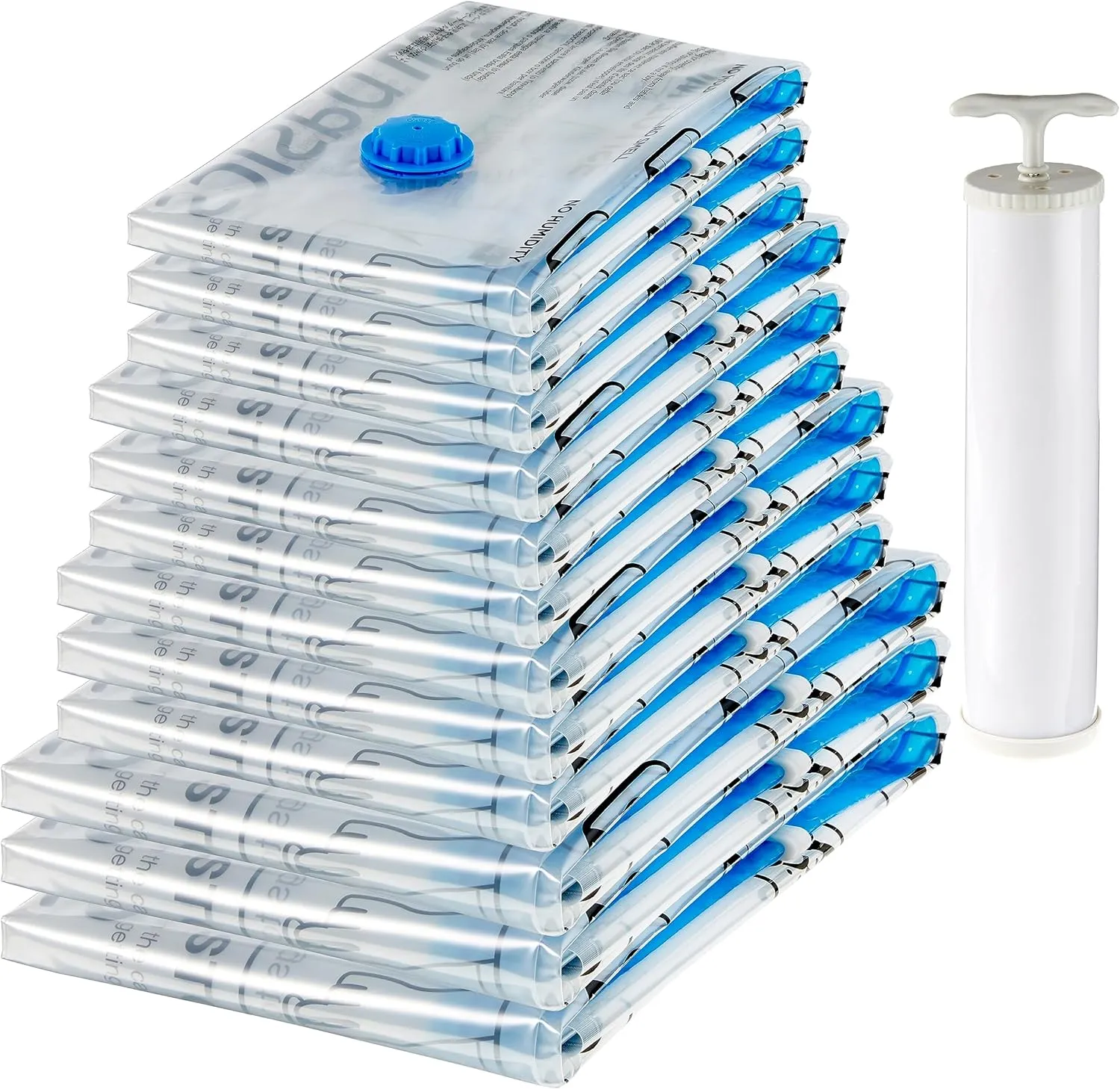 Amazon Basics Vacuum Compression Space Saving Zipper Storage Bags with Hand Pump for Travel Clothes, Multiple Pack of 12 (3 Jumbo, 3 Large, 3 Medium, 3 Small), Clear