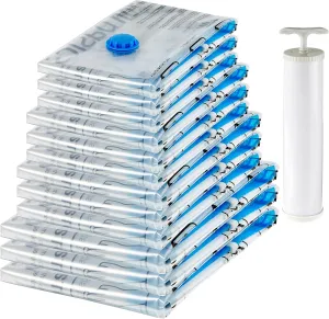 Amazon Basics Vacuum Compression Space Saving Zipper Storage Bags with Hand Pump for Travel Clothes, Multiple Pack of 12 (3 Jumbo, 3 Large, 3 Medium, 3 Small), Clear