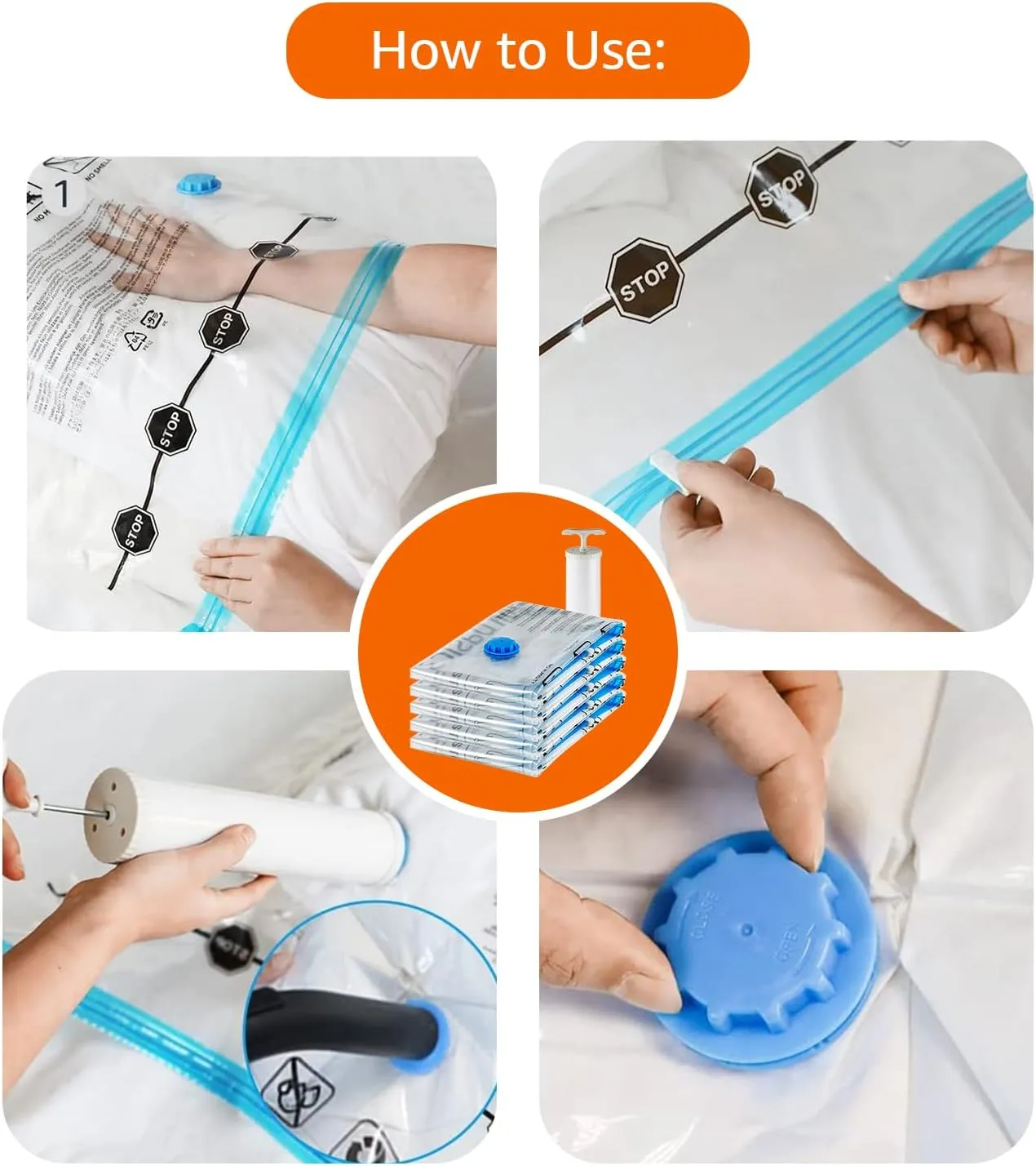 Amazon Basics Vacuum Compression Space Saving Zipper Storage Bags with Hand Pump for Travel Clothes, Multiple Pack of 12 (3 Jumbo, 3 Large, 3 Medium, 3 Small), Clear
