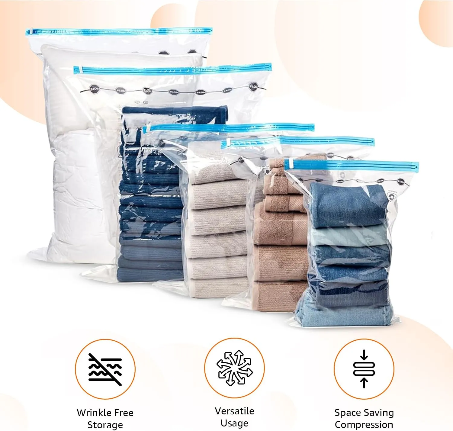 Amazon Basics Vacuum Compression Space Saving Zipper Storage Bags with Hand Pump for Travel Clothes, Multiple Pack of 12 (3 Jumbo, 3 Large, 3 Medium, 3 Small), Clear