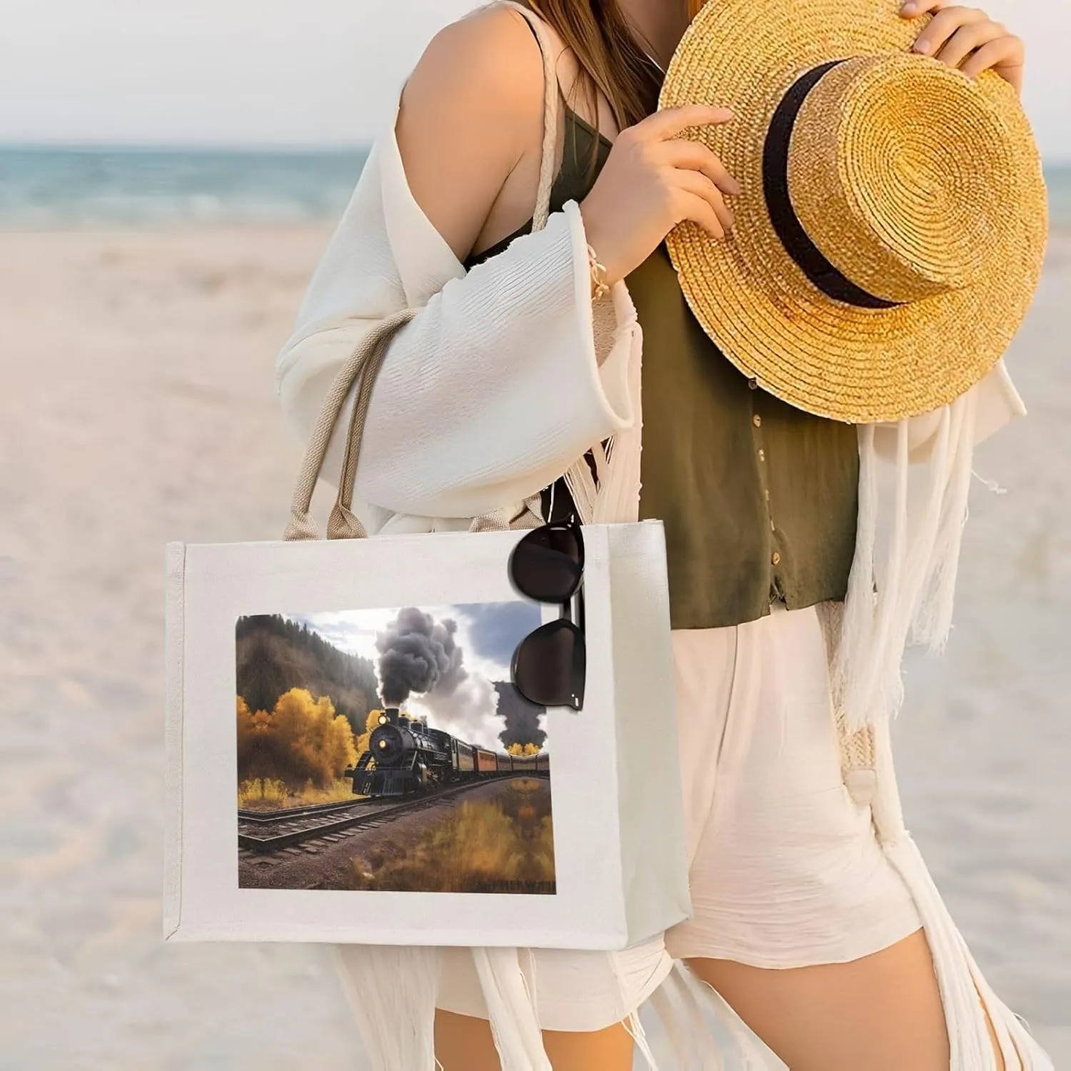 AMAZWI Steam Locomotive Train Canvas Tote Bag For Women, Aesthetics Tote Bag Travel Tote Handbags Shopping Daily Working