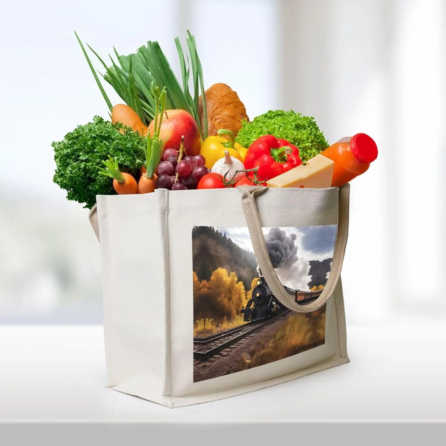 AMAZWI Steam Locomotive Train Canvas Tote Bag For Women, Aesthetics Tote Bag Travel Tote Handbags Shopping Daily Working