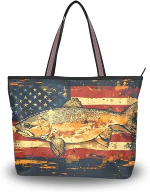 America Trout Women Tote Bag with Zipper, Patterned Handbag Purse Reusable Grocery Bag Large