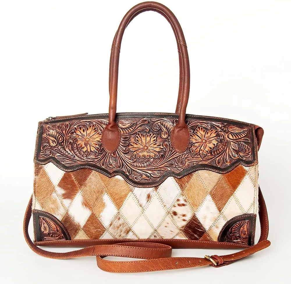 American Darling Duffel Hand Tooled Hair On Genuine Leather Women Bag Western Handbag Purse