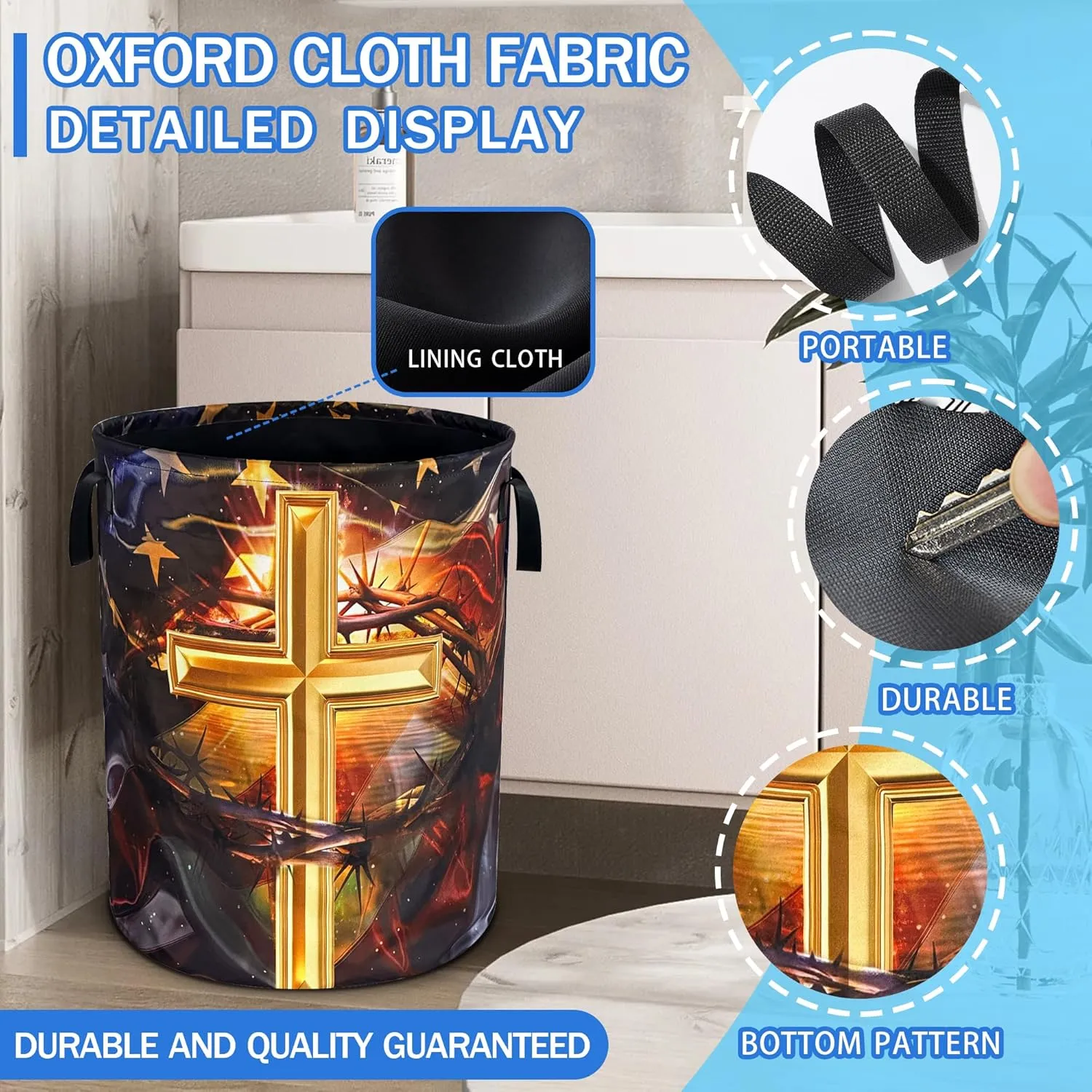 American Flag Cross Laundry Basket Christian Oxford Cloth Laundry Hamper With Handle Foldable Portable Clothes Storage Basket 18.9 X 16.5 Inch Storage Bag For Laundry Room/Bathroom/Bedroom/Dormitories