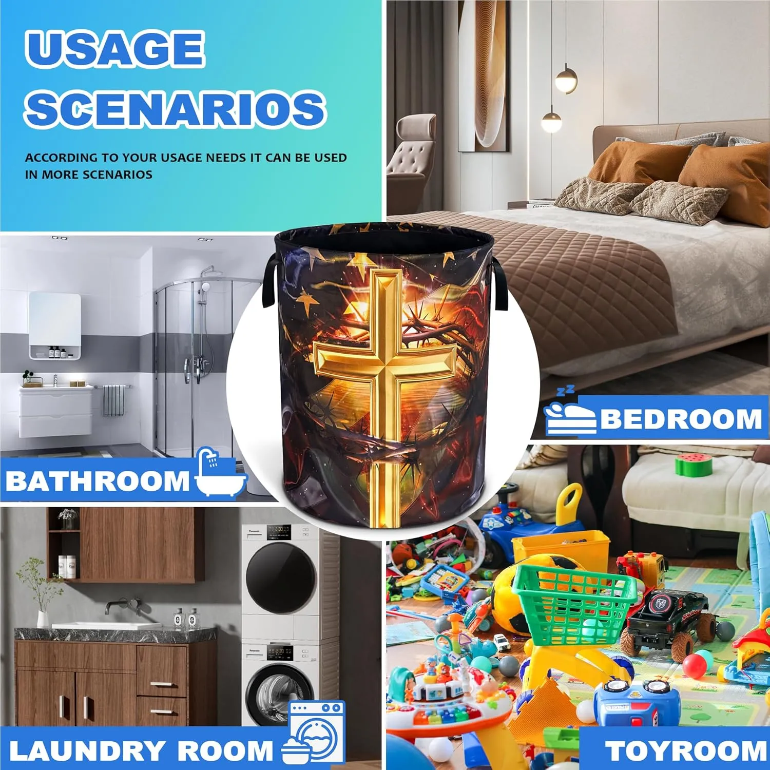 American Flag Cross Laundry Basket Christian Oxford Cloth Laundry Hamper With Handle Foldable Portable Clothes Storage Basket 18.9 X 16.5 Inch Storage Bag For Laundry Room/Bathroom/Bedroom/Dormitories