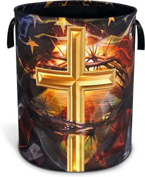 American Flag Cross Laundry Basket Christian Oxford Cloth Laundry Hamper With Handle Foldable Portable Clothes Storage Basket 18.9 X 16.5 Inch Storage Bag For Laundry Room/Bathroom/Bedroom/Dormitories