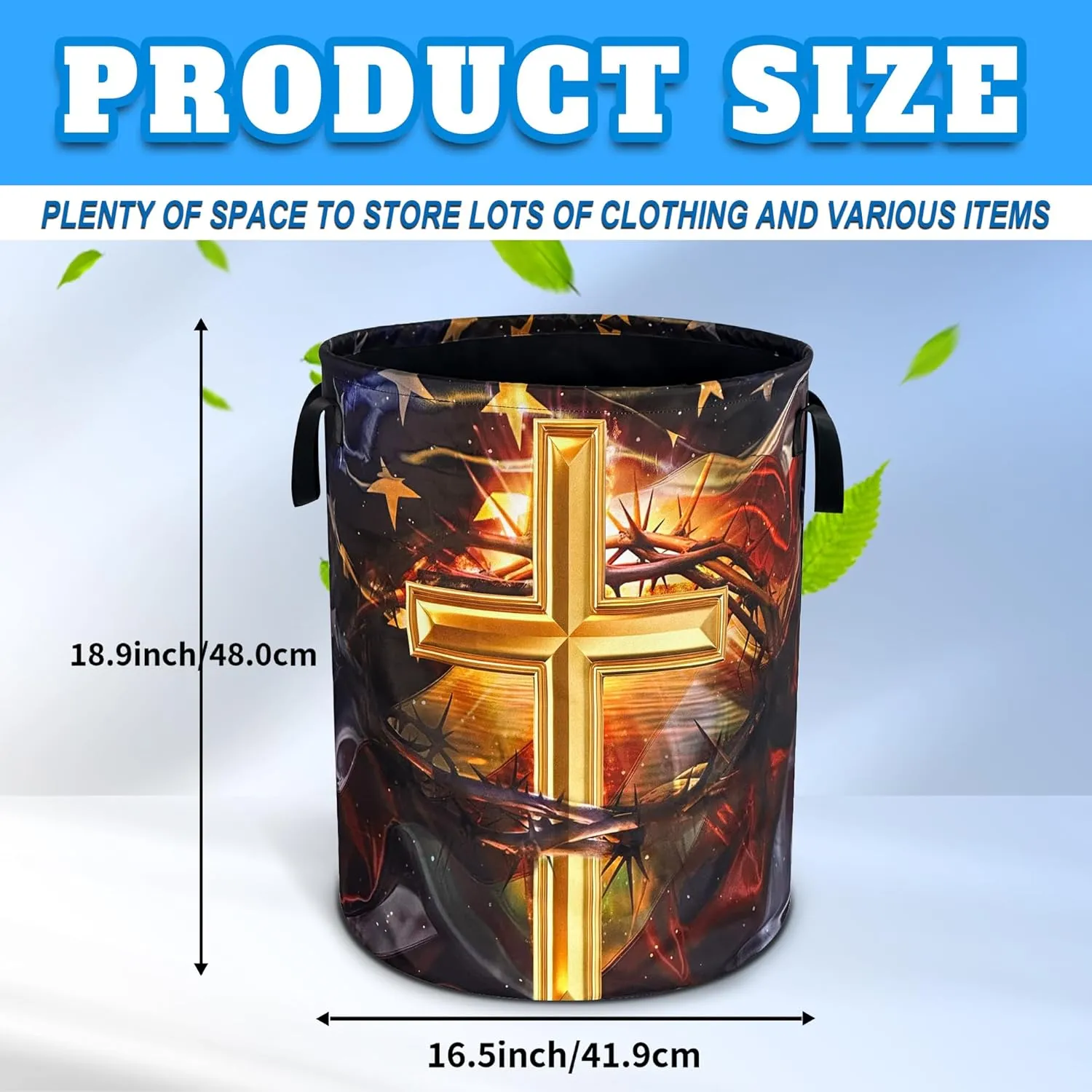 American Flag Cross Laundry Basket Christian Oxford Cloth Laundry Hamper With Handle Foldable Portable Clothes Storage Basket 18.9 X 16.5 Inch Storage Bag For Laundry Room/Bathroom/Bedroom/Dormitories