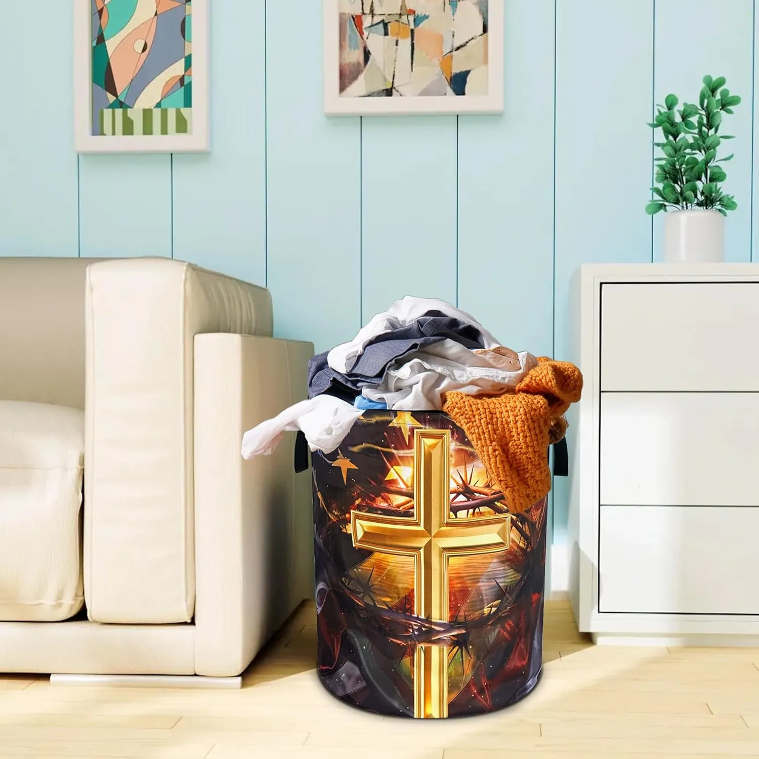American Flag Cross Laundry Basket Christian Oxford Cloth Laundry Hamper With Handle Foldable Portable Clothes Storage Basket 18.9 X 16.5 Inch Storage Bag For Laundry Room/Bathroom/Bedroom/Dormitories