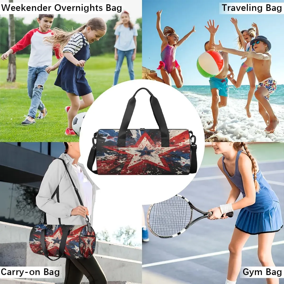 American Red and Blue Stars Dance Bags Weekender Bags Sport Duffel Bag Carry on Overnight Bag for Men Women