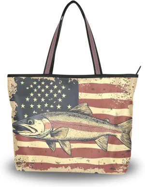 American Trout Women Tote Bag with Zipper, Patterned Handbag Purse Reusable Grocery Bag Large