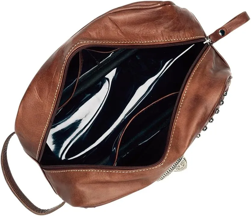 American West Waxed Leather Shave Kit/Toiletry Travel Bag - Western fashion (Dark Brown)