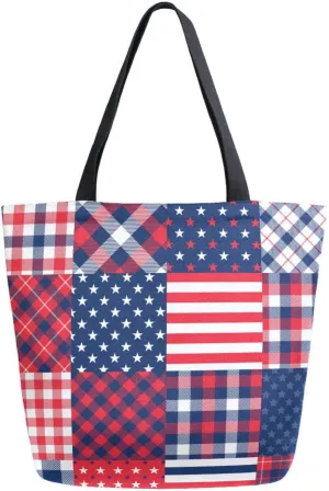 Americana Stars Stripes Canvas Tote Bag Cheater Quilt Women Shoulder Bag Reusable Grocery Bags Large Handbag Travel Shopping Bag for School Nursing Gift Outdoors