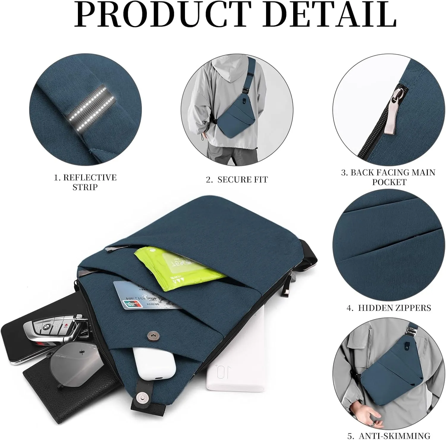 Anti Theft Crossbody Bag,Sling Bag for Women Men,Multi-pocket Chest Shoulder Bag for Travel, Sport, Work