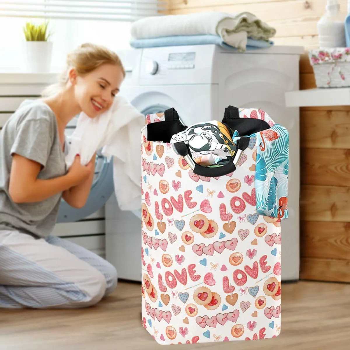 Aslsiy Cookies and Gingerbread Laundry Basket Love White Laundry Hamper with Handles Clothes Bucket Bin Dirty Baskets Toy Storage for Home Bathroom 50L