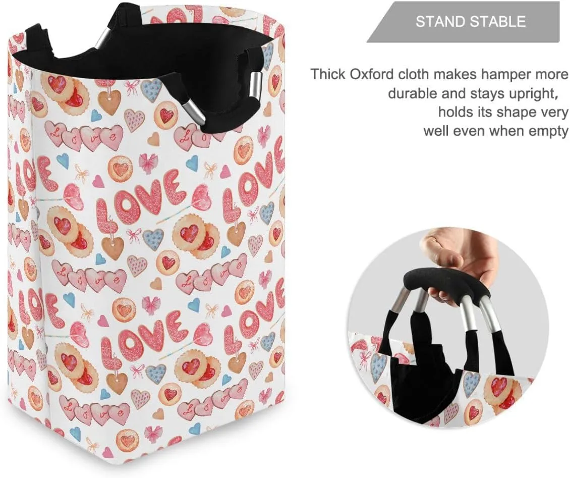 Aslsiy Cookies and Gingerbread Laundry Basket Love White Laundry Hamper with Handles Clothes Bucket Bin Dirty Baskets Toy Storage for Home Bathroom 50L