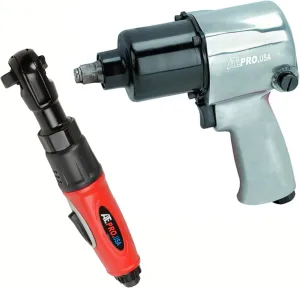 ATE Pro. Tools USA - 1/2" Pneumatic Heavy Duty Twin Hammer Impact Wrench & 3/8" Air Twin Ratchet Wrench Combination Tool Kit, 5-Speed Impact Wrench, 4-Speed Ratchet Wrench