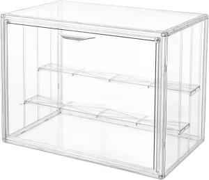 Attelite Clear Acrylic Display Case,3 Tier Display Shelf with 2 Movable Plate, Stackable Protection Showcase for Action Figures, Display Storage Box Countertop with Magnetic Door