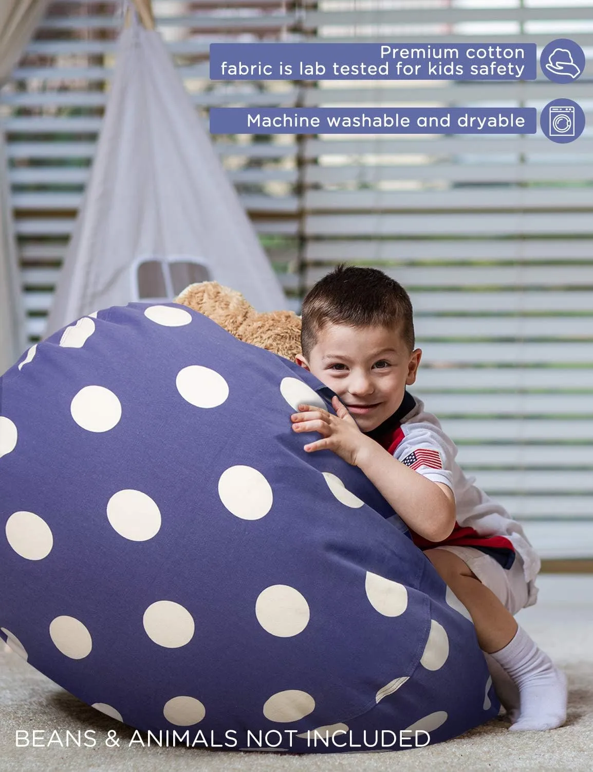 Aubliss Stuffed Animal Storage Bean Bag Chair Cover (No Beans), Stuff and Sit Storage Bean Bag for Kids Toy Storage, Large 38"-Canvas Dot Navy