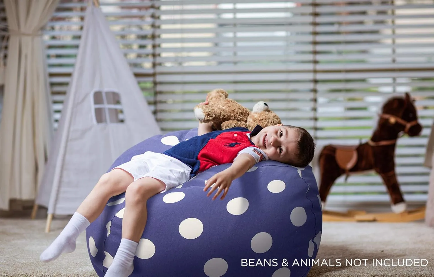 Aubliss Stuffed Animal Storage Bean Bag Chair Cover (No Beans), Stuff and Sit Storage Bean Bag for Kids Toy Storage, Large 38"-Canvas Dot Navy
