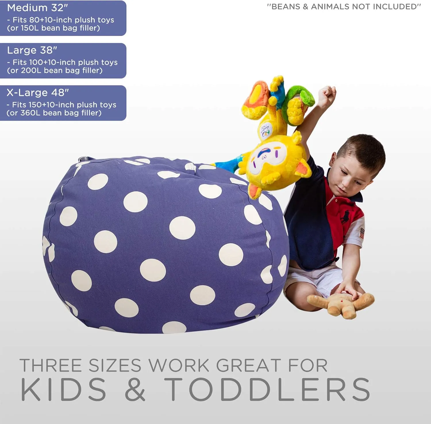Aubliss Stuffed Animal Storage Bean Bag Chair Cover (No Beans), Stuff and Sit Storage Bean Bag for Kids Toy Storage, Large 38"-Canvas Dot Navy