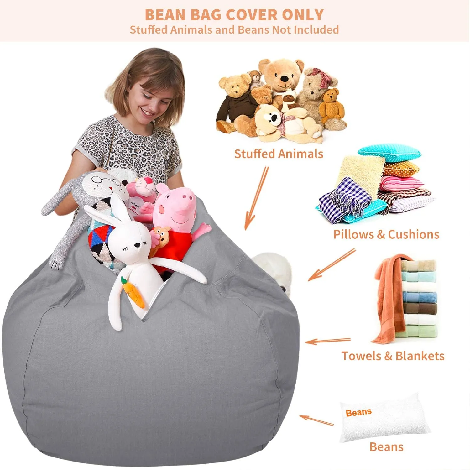 Aubliss Stuffed Animal Storage Bean Bag Chair Cover (No Beans)，Stuff and Sit Storage Bean Bag for Kids Toy Storage，X-Large 48"-Canvas Solid Grey