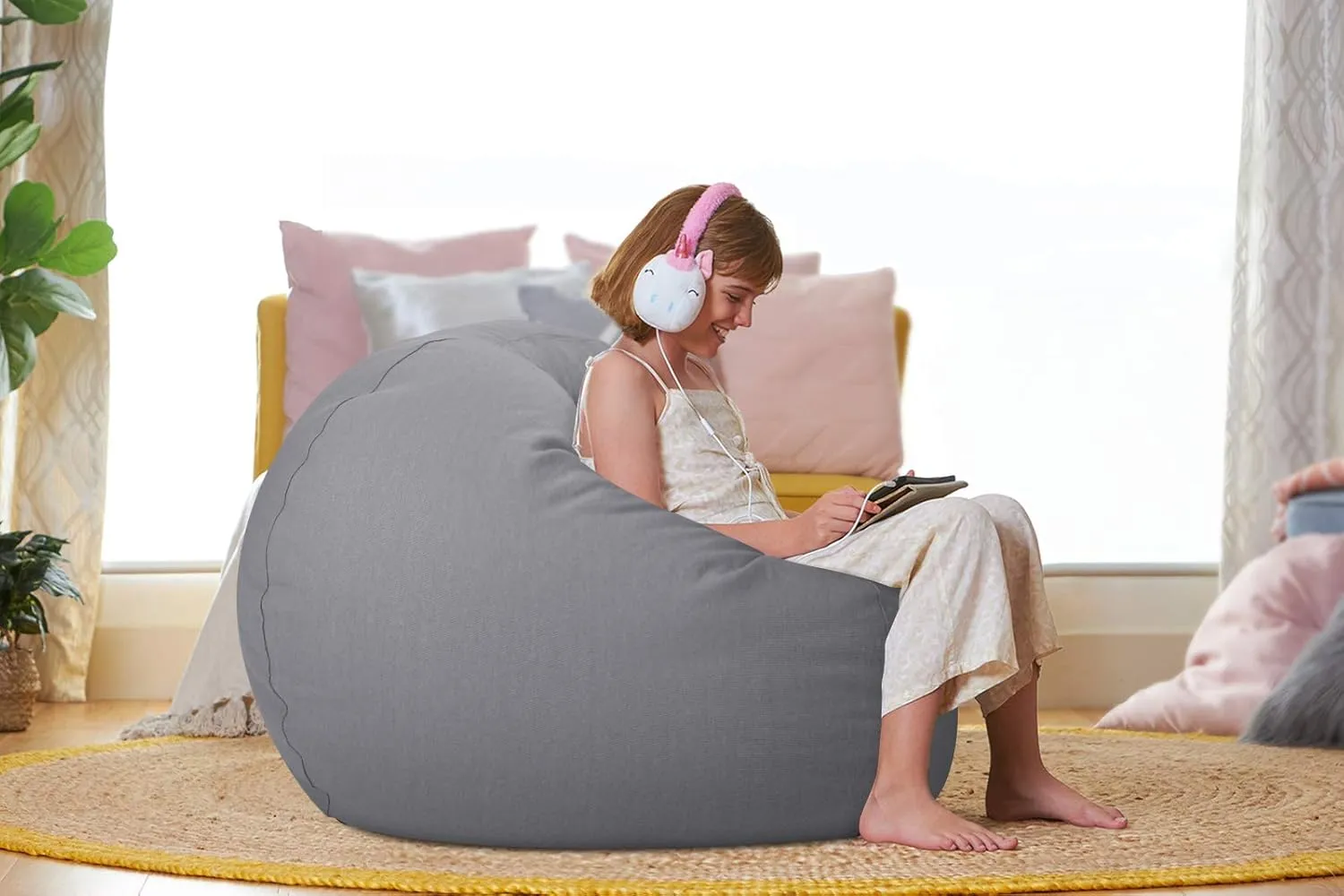 Aubliss Stuffed Animal Storage Bean Bag Chair Cover (No Beans)，Stuff and Sit Storage Bean Bag for Kids Toy Storage，X-Large 48"-Canvas Solid Grey