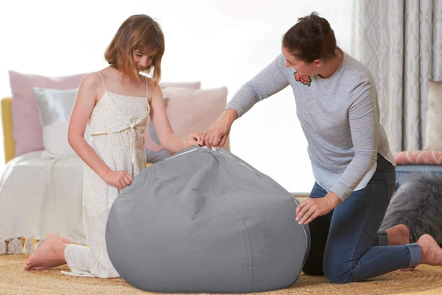 Aubliss Stuffed Animal Storage Bean Bag Chair Cover (No Beans)，Stuff and Sit Storage Bean Bag for Kids Toy Storage，X-Large 48"-Canvas Solid Grey