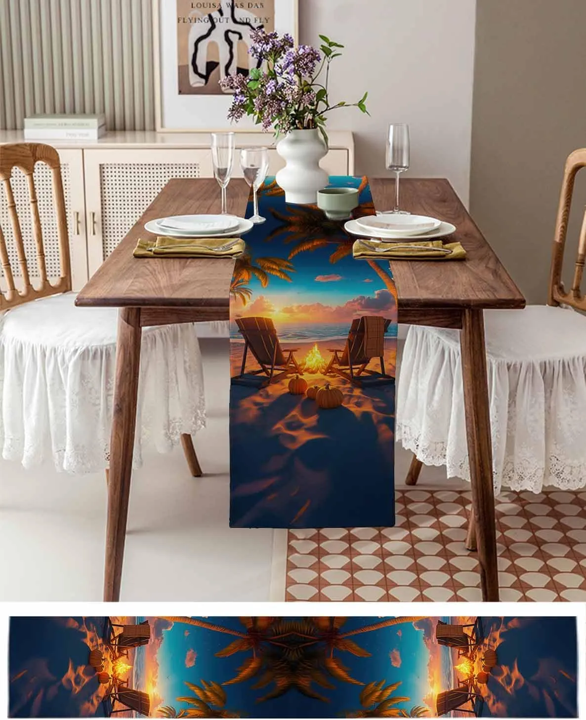 Autumn Beach Campfire Pumpkin Table Runner 90 Inches Long,Kitchen Dining Home Tablerunners Fall Sunset Seaside Theme Linen Table Runners Dresser Scarves for Home Dinner Wedding Holiday Party Decor