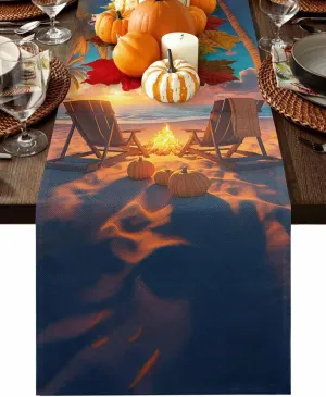 Autumn Beach Campfire Pumpkin Table Runner 90 Inches Long,Kitchen Dining Home Tablerunners Fall Sunset Seaside Theme Linen Table Runners Dresser Scarves for Home Dinner Wedding Holiday Party Decor