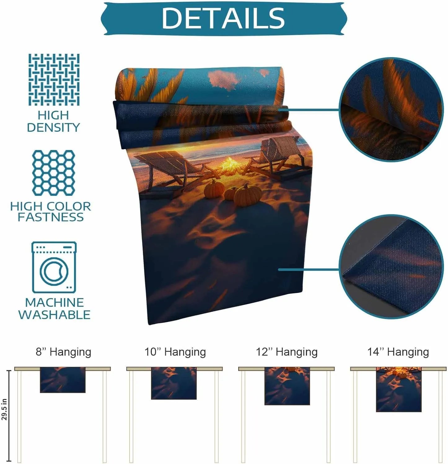 Autumn Beach Campfire Pumpkin Table Runner 90 Inches Long,Kitchen Dining Home Tablerunners Fall Sunset Seaside Theme Linen Table Runners Dresser Scarves for Home Dinner Wedding Holiday Party Decor