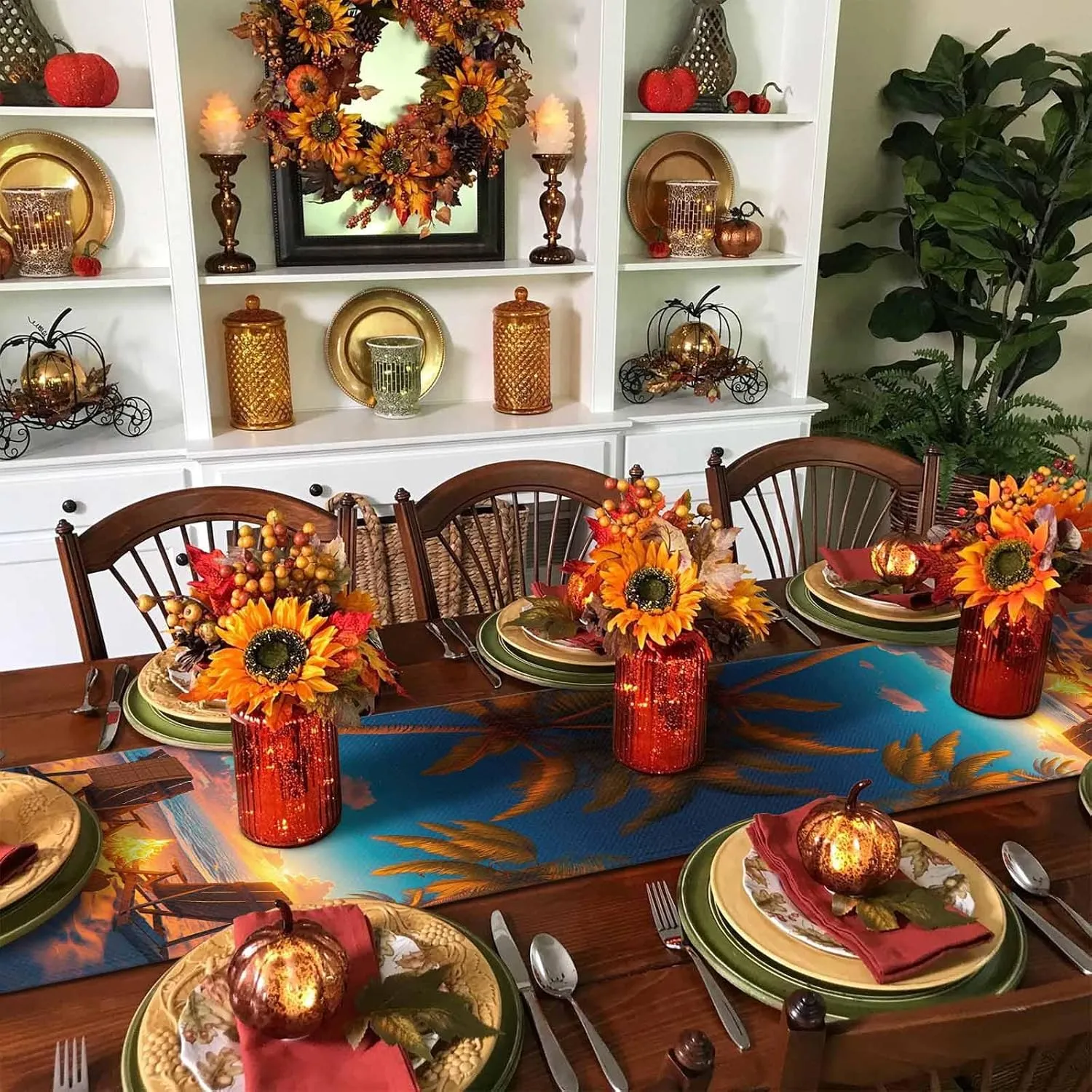 Autumn Beach Campfire Pumpkin Table Runner 90 Inches Long,Kitchen Dining Home Tablerunners Fall Sunset Seaside Theme Linen Table Runners Dresser Scarves for Home Dinner Wedding Holiday Party Decor