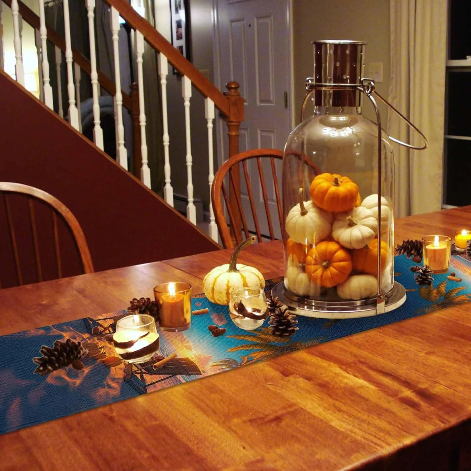 Autumn Beach Campfire Pumpkin Table Runner 90 Inches Long,Kitchen Dining Home Tablerunners Fall Sunset Seaside Theme Linen Table Runners Dresser Scarves for Home Dinner Wedding Holiday Party Decor