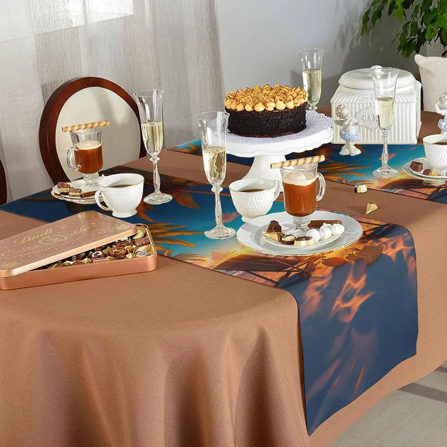 Autumn Beach Campfire Pumpkin Table Runner 90 Inches Long,Kitchen Dining Home Tablerunners Fall Sunset Seaside Theme Linen Table Runners Dresser Scarves for Home Dinner Wedding Holiday Party Decor