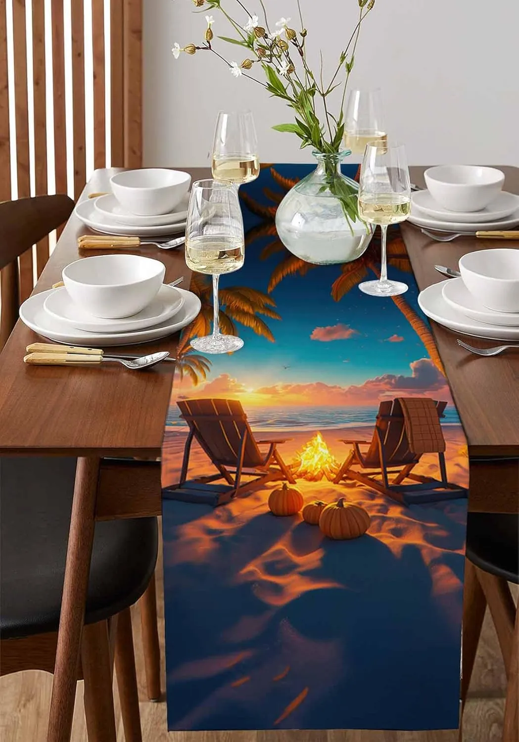 Autumn Beach Campfire Pumpkin Table Runner 90 Inches Long,Kitchen Dining Home Tablerunners Fall Sunset Seaside Theme Linen Table Runners Dresser Scarves for Home Dinner Wedding Holiday Party Decor