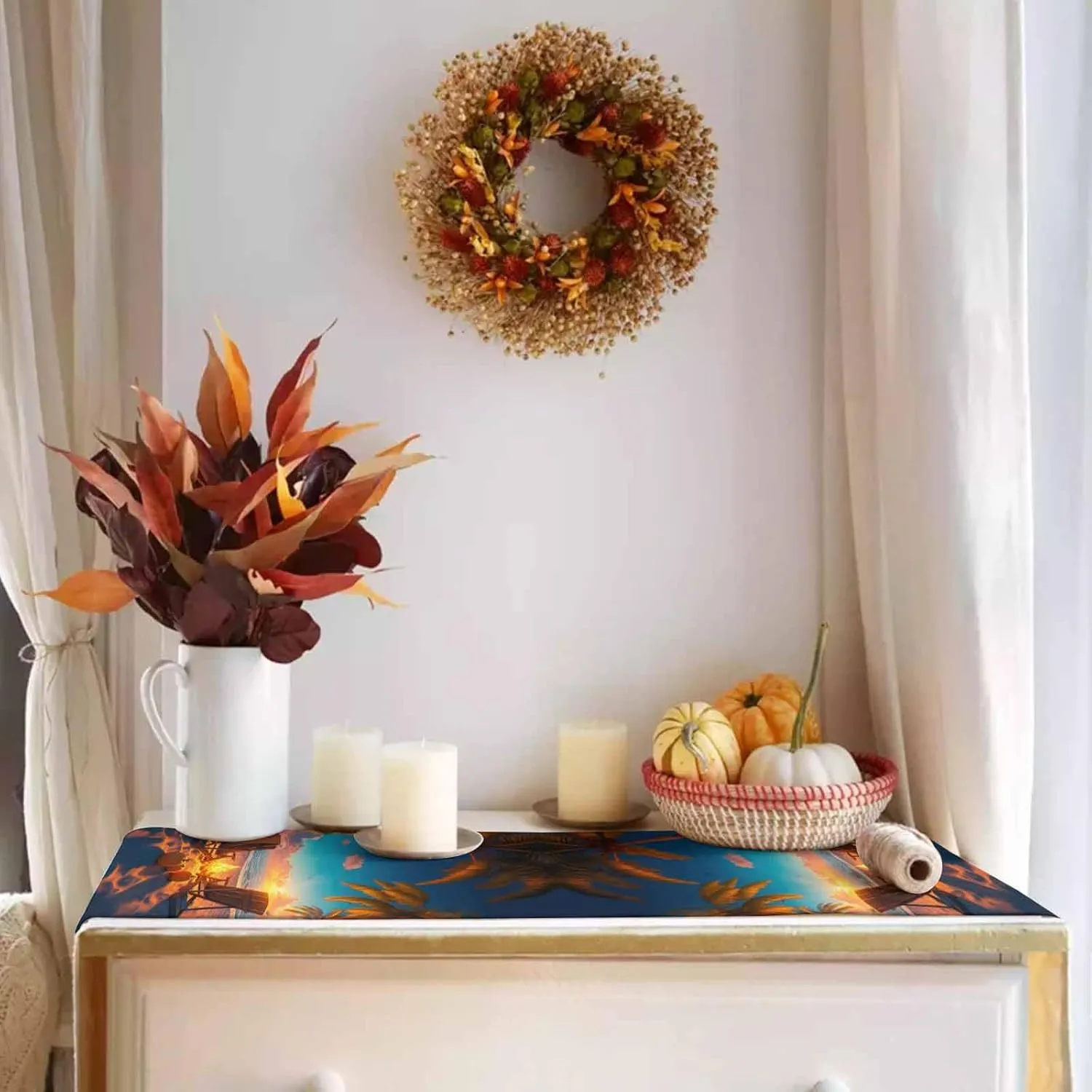 Autumn Beach Campfire Pumpkin Table Runner 90 Inches Long,Kitchen Dining Home Tablerunners Fall Sunset Seaside Theme Linen Table Runners Dresser Scarves for Home Dinner Wedding Holiday Party Decor